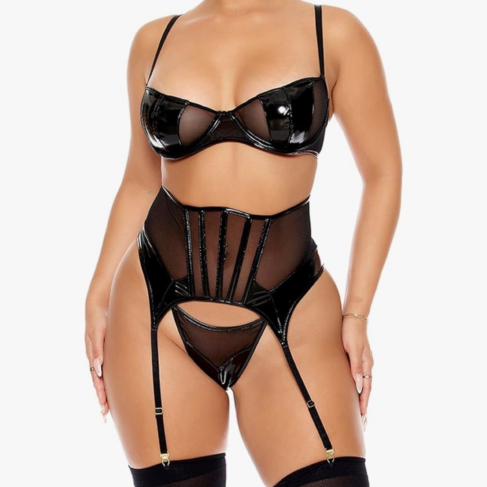 Vinyl vegan patent leather Garter belt bondage fetish harness sexy lingerie bra